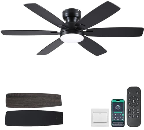Kviflon 52 Ceiling Fans with Lights, Low Profile Ceiling Fan with Light and Remote/APP Control, Flush Mount Ceiling Fan with 6 Reversible Fan Blades, 3CCT, Dimmable, Quiet Motor for Bedroom Black