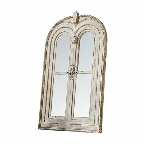 Loberon Montcelin Specchio - Forma a Doppia Finestra - Struttura in Legno con Finitura Anticata, Bianco Antico