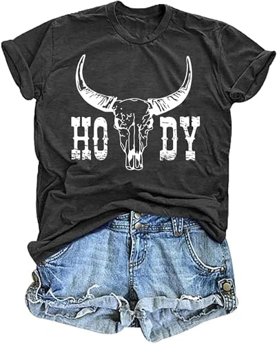 tiorhooe Cowgirl T Shirts for Women UK Bull Skull Short Sleeve Tee Shirts | Howdy Bull Skull Shirt, Western Country Style, Bold Graphic, Soft Breathable, Flattering Fit, Great For Summer, Rodeo Wear