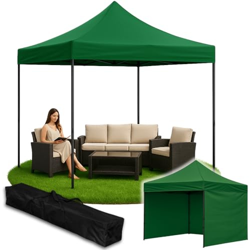 ZOLTA Pavillon 3x3m Grün Wasserdicht UV-Schutz Schnellaufbau Gartenpavillon mit 3 Seitenwänden Tragetasche Stahlgestell höhenverstellbar Oxford 420D für Markt Event Garten Camping Outdoor