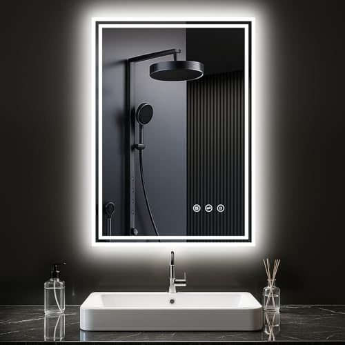 PESENXAN Badspiegel mit Beleuchtung 50x70cm, Spiegel Bad mit Beleuchtung 3 Lichtfarben, Dimmbar, Anti-Beschlag, Bad Spiegel mit Licht, Touch/Wandschalter, Horizontale/Vertikale Montage