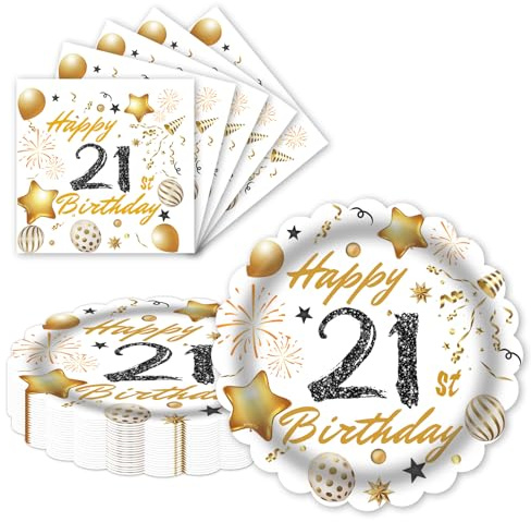 LDFDRT 9 Inch 21st Birthday Party Plates and Napkins 40PCS White and Gold Happy Birthday Plates and Napkins Cake Dessert Tableware Set for 20 Guests