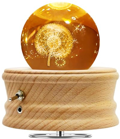 ETDEUH Kristallkugel Spieluhr, 360° Rotierende Hölzerne Spieluhr mit Licht, Beleuchtete Projektionsfunktion, Geschenk für Weihnachten, Lithium_Ion WH <= 20 (Löwenzahn)