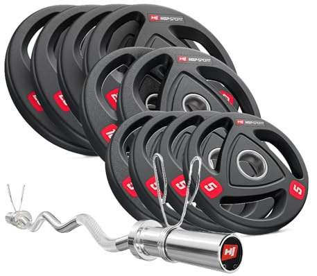 Hop-Sport 40 kg Olympic EZ Curl Barbell Starter Set – 120 cm Curl Bar with Rotating Sleeves + Plates (2×10 kg, 2×5 kg) – Beginner Home Gym Strength Training Kit