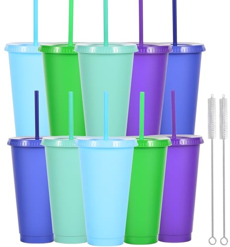 Yisituo 710ml Reusable Plastic Cups, 10 Pack Cold Cups with Lid and Straw, Tumblers Travel Mugs for Adults and Madam Party and Beach, Pool Gatherings (10, Multicolor)
