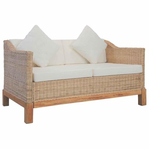 WEMYUFURN Natürliches Rattan Sofa 2-Sitzer mit waschbaren Kissen und robustem Holzrahmen – strapazierfähige Gartenmöbel für den täglichen Gebrauch, leicht zu reinigen und stabil