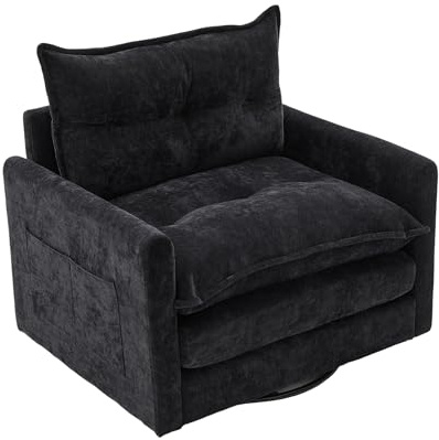 muenfly Sessel Drehbar Wohnzimmer Ohrensessel Gepolstert Relaxsessel mit Seitentasche und Kissen Moderner Drehsessel bequemer Relaxsessel Lesesessel, Schwarz