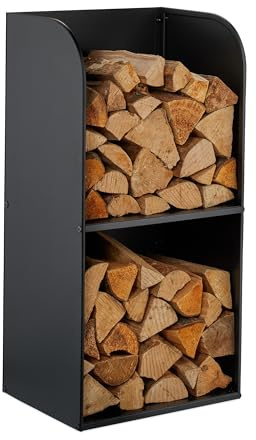 Relaxdays Kaminholzregal, HBT 80x40x30 cm, 2 Fächer, Brennholzregal für Feuerholz, Stapelholz, Brennholz, Eisen, schwarz