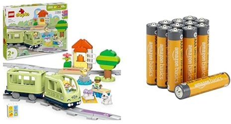 LEGO DUPLO Abenteuer-Eisenbahn, interaktiv/14 Gleise/Sound, 2+ Jahre, 10427, & AAA Alkaline-Batterien Amazon Basics 12 Stück, 10 Jahre