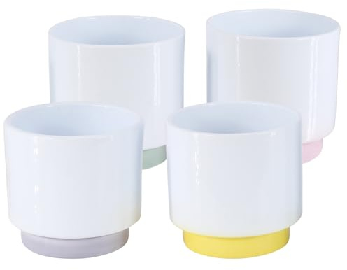 Keramik Übertopf-Set Pastell-Base - Moderne Blumentöpfe in Weiß mit farbigem Fuß - Hochwertige Pflanzkübel für Zimmerpflanzen, Sukkulenten & Kräuter (Höhe 16 cm - 1x Grün, 1x Grau, 1x Rosa, 1x Gelb)