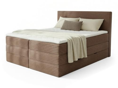 Sofnet Boxspringbett Mollo XL mit 2 Bettkästen und Topper, mit Taschenfederkern- und Bonellfederkernmatratze, Doppelbett, Polsterbett aus Cordstoff mit Stauraum (Braun (Tilia 17), 140 x 200 cm)