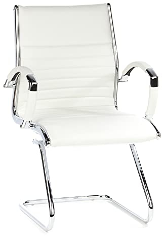 hjh OFFICE 660515 Konferenzstuhl Parma V Leder Weiß/Chrom Freischwinger Besucherstuhl mit Armlehnen