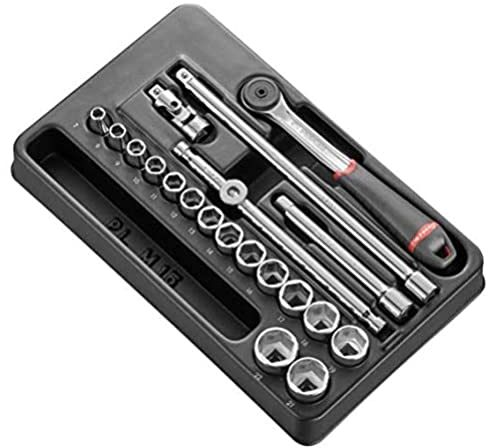 FACOM - Module Douilles 3/8 6 Pans Métriques - MOD.J161-36 - Outillage Complet 20 Pièces - Inclus 1 Cliquet 3/8 Étanche, 15 Douilles, 2 Rallonges, 1 Cardan, 1 Poignée Coulissante 3/8 et 1 Plateau