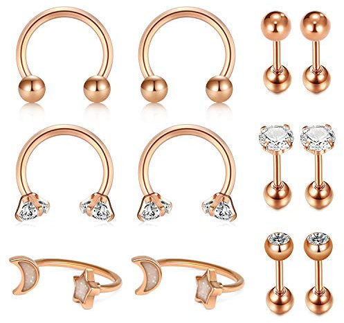 AceFun 16G(1.2mm) Tragus Cartilage Rook Earrings-Septum Rings Hoop Piercing Snug Helix Daith Earrings Steel Body Piercing Studs Jewelry Rose Gold Set