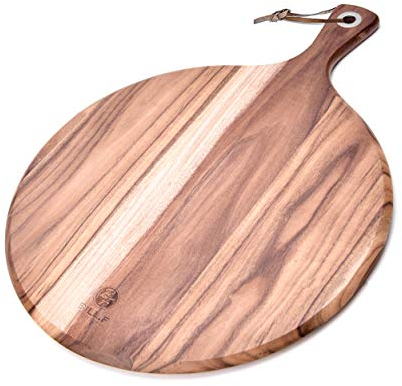 BILL.F Pelle à pizza en bois d'acacia, planche à découper de 30,5 cm, planche à pagaie à fromage, plateau de pain et de crackers pour servir et préparer des aliments mineurs avec poignée – 40,6 x 30,5
