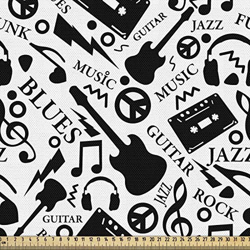 ABAKUHAUS Musik Gewebe als Meterware, Blues Jazz Punk Rock Zeichen, Schön Gewebten Stoff für Polster und Wohnaccessoires, 1M (148x100cm), Schwarz und Weiß