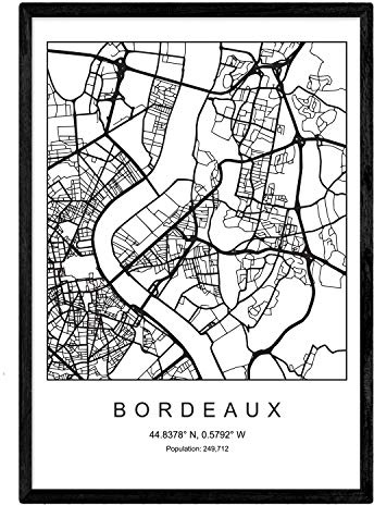 Nacnic Lame Bordeaux carte de la ville de style nordique noir et blanc. affiche de format A3 papier imprimé No 250 gr. Peintures, estampes et affiches pour le salon et chambre à coucher