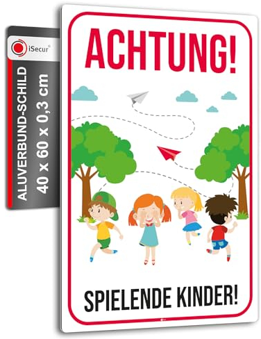 XXL Warnschild I Achtung Spielende-Kinder I Aluverbund-Schild I Spielplatz I 40 x 60 cm groß I 3 mm Stark I mit UV Schutz-Laminat I Wetterfestes Hinweisschild I hin396