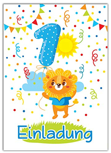 12 Einladungskarten 1. Kindergeburtstag Jungen Mädchen Tiere erste Geburtstag Geburtstagseinladungen Einladungen Geburtstagsparty Kartenset Löwe