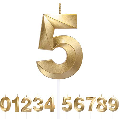 URAQT Birthday Candle for Cake, 5D Shape Birthday Number Candles, 5.3 inches Gold Glitter Birthday Candles Cake Topper Decoration for Birthday Anniversary Wedding Party Graduation Party(5)