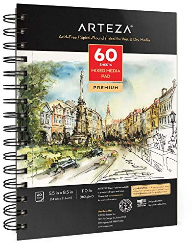 Arteza 14 x 21.6 cm Mixed Media Sketch Book, 60 Sheets, 180gsm, Micro-Perforated, Spiral-Bound Pad, Art Supplies for Wet and Dry Media, Sketching, Drawing, and Painting,White