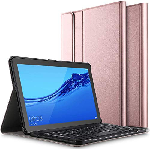 Claelech Funda para teclado Huawei Mediapad T5 10.1 2018, funda magnética delgada de cuero con soporte y teclado Bluetooth inalámbrico desmontable T5 de 10.1 pulgadas (oro rosa)