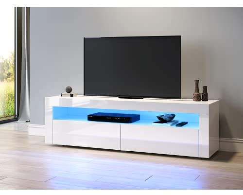 SONNI TV Board, Fernsehtisch, Lowboard, TV-Schrank, TV-Regal, mit LED-Beleuchtung, Hochglanz, 12 Farben können eingestellt Werden, Weiß, 155x40x45cm, GTV001W