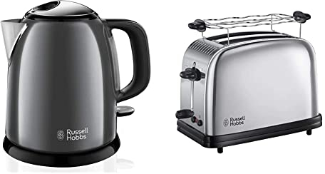 Russell Hobbs Hervidor de Agua Eléctrico Colours Plus 2400 W, 1 litro, Acero Inoxidable + Tostadora Victory 2 Ranuras Cortas y Anchas, para 2 Rebanadas, Acero Inoxidable, Plata 23310-56