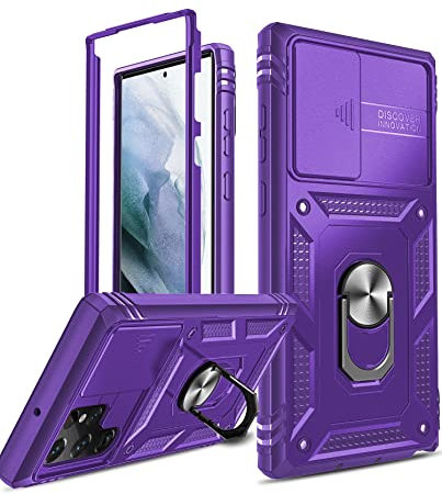 LeYi for Samsung Galaxy S22 Ultra 5G 6.8 Case with Slide Camera Cover(No Front Screen Protector),Ring Holder Full Body Protective Heavy Duty Shockproof Tough Bumper Girl Hard Phone Cover, Purple