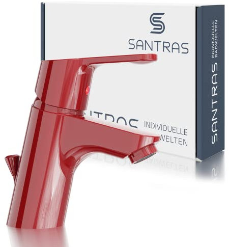 SANTRAS® Waschtischarmatur für das Bad mit Zugstange in Rot – Einhebel-Mischarmatur warm kalt für ein Loch Waschbecken Wasserhahn MADE IN GERMANY