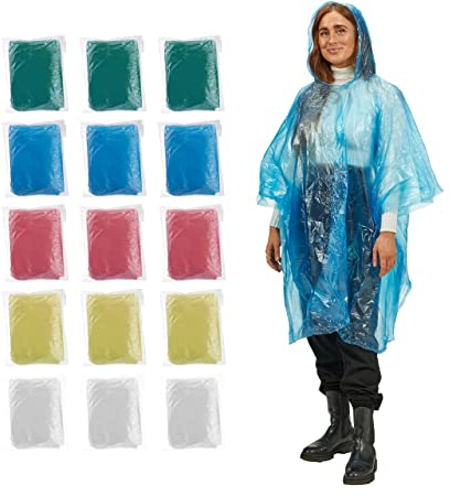 Relaxdays Regenponcho Einweg, 15er Set, Einmal Regencape Mit Kapuze, 5 Farben, Notfallponcho Für Damen & Herren, Bunt, Blau, Rot, Gelb, 95 X 120 Cm EU