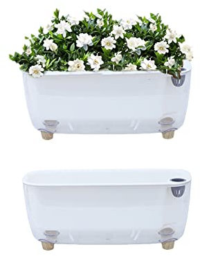 INIFLM 2 macetas rectangulares de 10 x 4.6 pulgadas, de plástico transparente blanco, con cuerda de algodón y agujeros de drenaje para plantas de cultivo