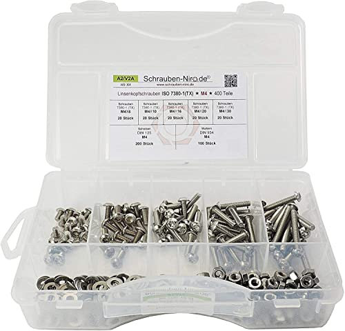 Sortiment ISO 7380 Linsenkopfschrauben Torx M4 Edelstahl V2A 400 Teile mit Muttern, Unterlegscheiben