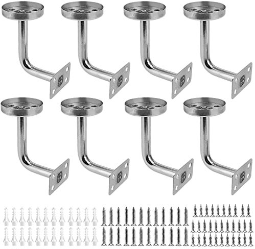 SINJEUN 8 PCS Stair Handrail Brackets, 201 Stainless Steel Banister Brackets with Fixing Screws, Wall Mounted Handrail Holder, Hand Rail Bracket for Indoor Outdoor, Silver