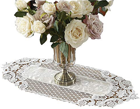 EHOMERY Tischdecken Zum Ausmalen, Tischband Jute Hell beige Dreieckige Spitze Mesh Stickerei Tischläufer Polyester 30x310CM