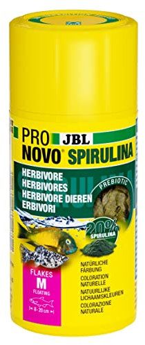 JBL PRONOVO SPIRULINA FLAKES, Grünfutter für alle Aquarienfische von 8-20 cm, Fischfutter-Flocken, Größe M, 100 ml