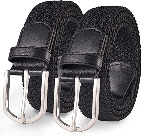 TANGCHAO 2 Stücke Stoffgürtel Stretchgürtel Elastik Flechtgürtel Geflochtener und Elastischer Dehnbarer Gürtel für Damen und Herren Breite 3.3cm Schwarz+Schwarz 120cm