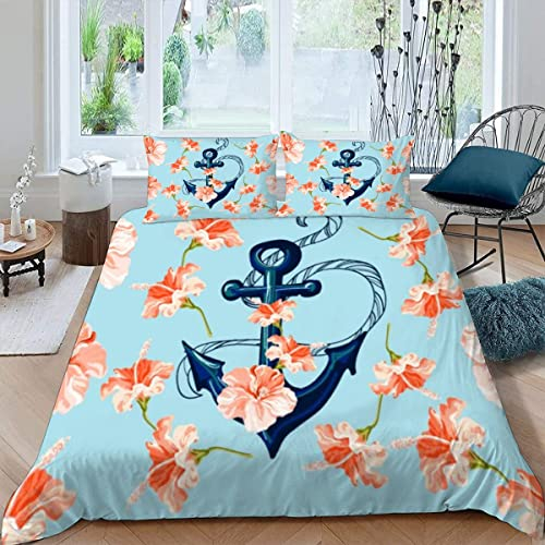 Anker Blumen Bettwäsche Set 4teilig 3D Motiv Hibiskus Anker Bettwäsche 135x200 cm mit Reißverschluss 100% Mikrofaser Winte Weiche Kuschelig Kinderbettwäsche mit Kissenbezüge