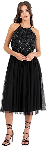 Maya Deluxe Women's Ladies Midi Dress with Halter Neck Tulle for Evening Graduation Prom Wedding Bridesmaids Ball Gown, Black, 46
