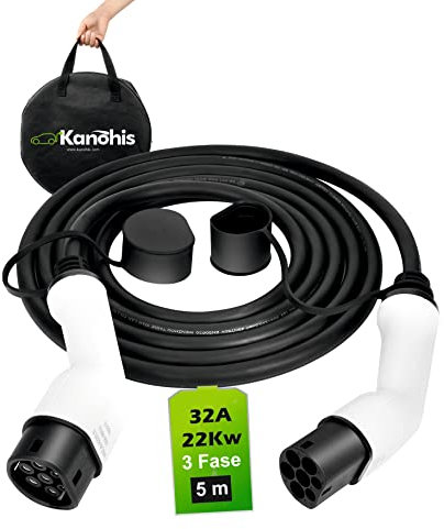 Kanohis EV Cable de Carga Tipo 2 a Tipo 2 de 5M Cable de Carga Rápida para Vehículos Eléctricos PHEV e Hibridos Cable de Carga de Coche con Bolsa Gratis (22Kw 32A 3Fases)