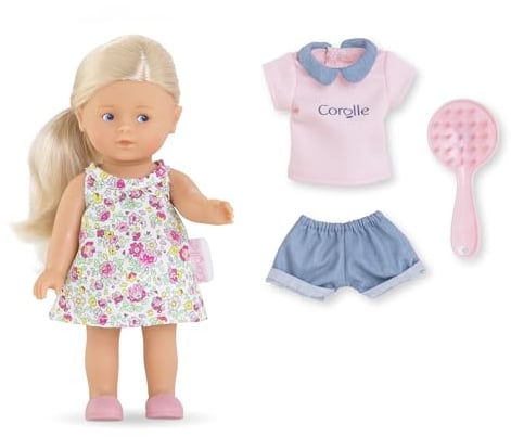 Les Trendies Corolline Rosy Miniwelt Set, Vollvinylpuppe mit langem Haar, Bürste, extra Outfit in Geschenkbox, 4 Teile, Vanilleduft, 20cm, ab 3 Jahren