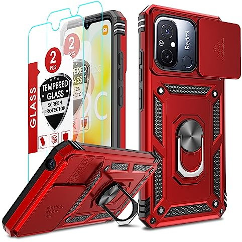 LeYi Objektivschutz Hülle für Xiaomi Redmi 12C/12 C/Redmi 11A Kamera Schutzhülle [2 Displayschutz], Sturzfeste Handyhülle Kamera Abdeckung Militärstandard Case MetallRing Halterung Handy Hüllen Rot