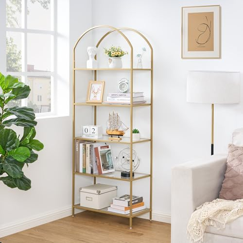 Homhedy Bookcase Curved Metal Bookcase Tempered Glass Storage Shelf for Home Office Living Room Bedroom Bathroom Modern Style (Gold, 11.8D x 23.6W x 62H)