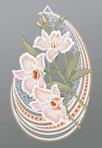 Plauener Spitze Fensterbild Orchideen mit Designbogen (Bx H) 21cm * 34cm Mehrfarbig Fensterdekoration Fensterschmuck