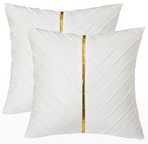 Tosleo White Velvet Throw Pillow Covers 24x24 inch Pack of 2 with Gold Leather Decorative Couch Pillow Cover Luxury Modern Pillowcases for Living Room Bedroom Sofa Cushion Bed