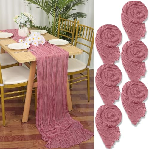 6 Stück Seihtuch Tischläufer Staubige Rose,90 x 300 cm Rosa Rustikaler Gaze Stoff Boho Tischläufer Käsetuch Cheesecloth Tischläufer Hochzeit Tischdecke für Hochzeitsfeier Brautparty Tischdekoration