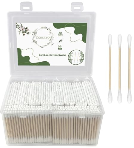 Egaageoi Bambus-Wattestäbchen – 1000 Stück, doppelte Spitze, 100% umweltfreundliche und natürliche Wattestäbchen mit Holzstäbchen, biologisch abbaubare und organische Tupfer für Ohrenreinigung