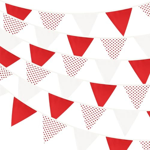 G2PLUS Red and White Dots Fabric Banner, 12M Dots Fabric Buntingr, Large Cotton Triangle Garland with 42PCS Dots Blank Pennants for Wedding Birthday,Kid's Bedroom, Playhouse, Garden,Decoration