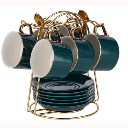 HSTWODE-cappuccino tassen set Tassen & Untertassen von 6 (150 ml), Luxus-Teetasse Set mit goldenen Trimm, britischer Königlicher Porzellan Tassen (Handbemaltes Brillantblau)