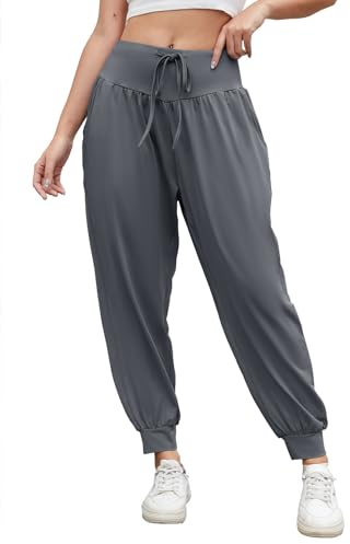 BATHRINS Yogahose Damen Lang Haremshose High Waist Jogginghose Sporthose Weite Freizeithose Elegant Leichte Pilates Hosen Pumphose mit Taschen Kordelzug（Grau,XXL）